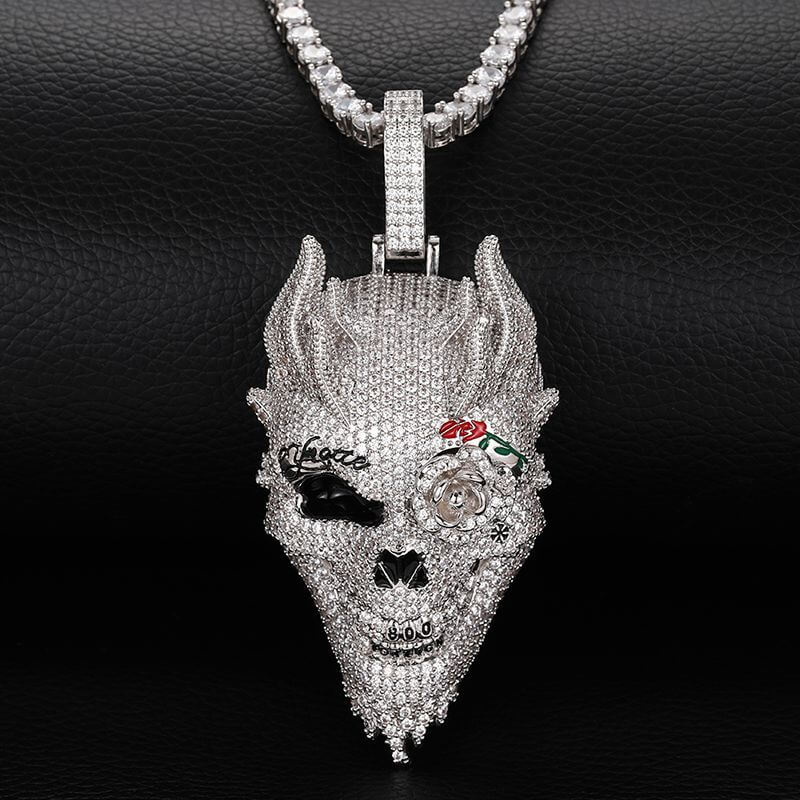 White Gold Iced Out Diamond Rose Skull Pendant Necklace