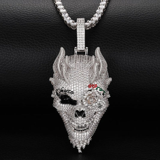 White Gold Iced Out Diamond Rose Skull Pendant Necklace