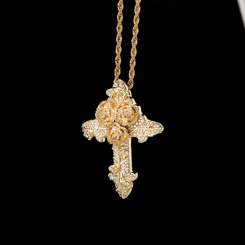 Gold Plated Full Zirconia Vintage Cross Pendant For Men Necklace Jewelry