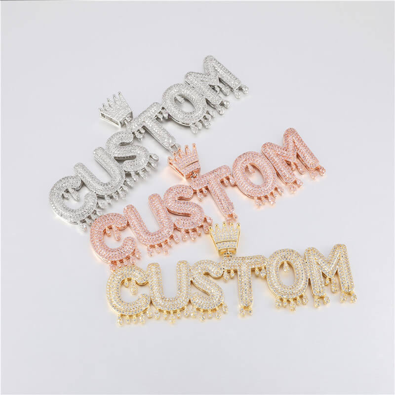 Iced Out CZ Crown Drop Letter Custom Pendant Real 14K Gold Plated