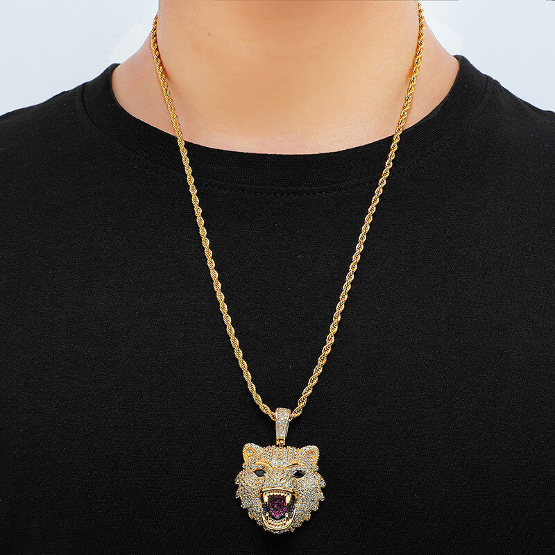 Iced Out Diamond Wolf Head Pendant Hip Hop Jewelry