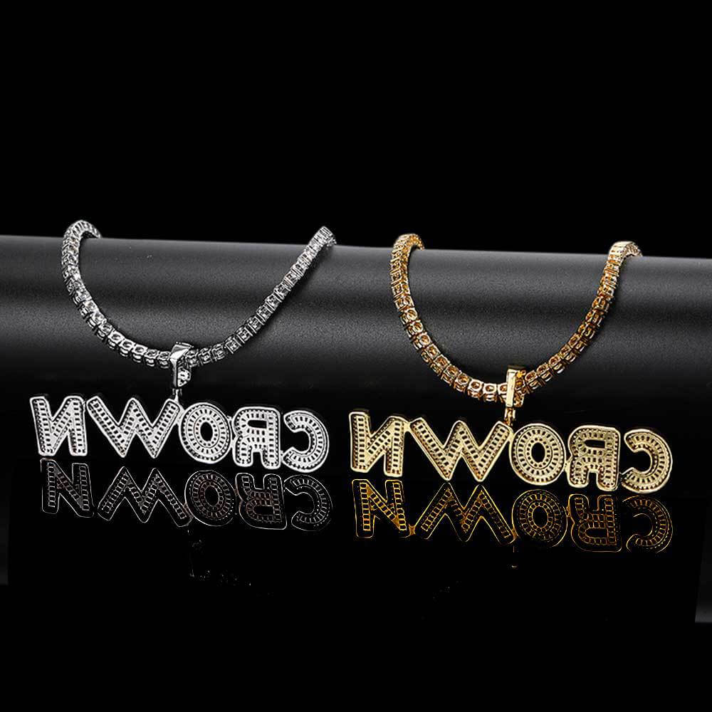 Gold / White Gold Iced Custom Name Letter Pendant Tennis Necklace TRIPOD JEWELRY