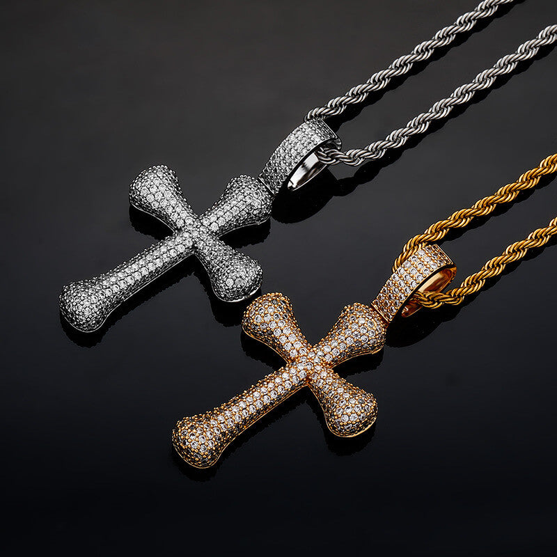 Gold/White Gold Iced Bone Cross Pendant Necklace Tripodjewelry