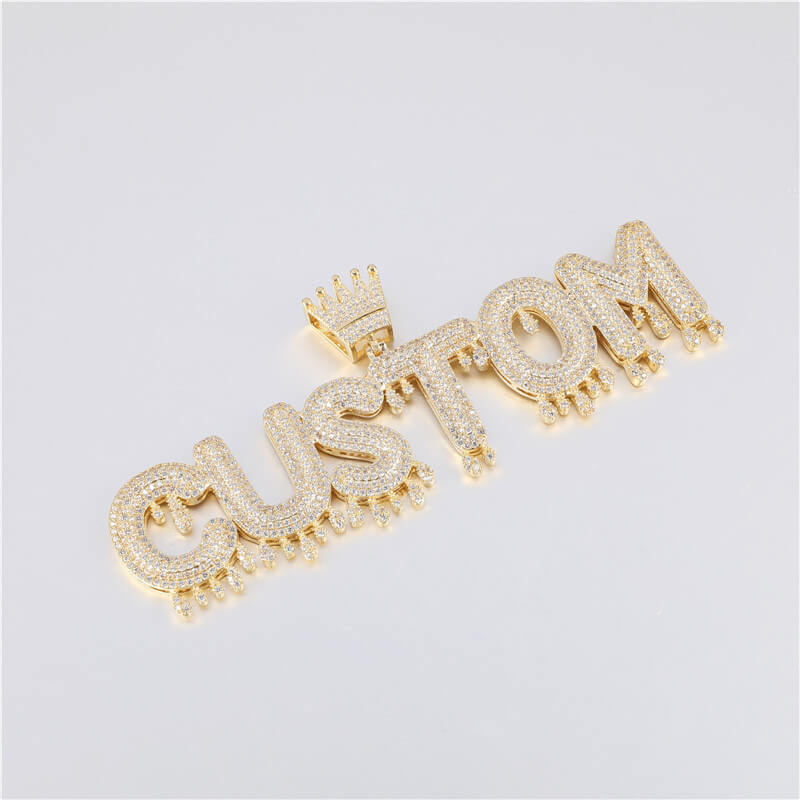 Iced Out CZ Crown Drop Letter Custom Pendant Real 14K Gold Plated