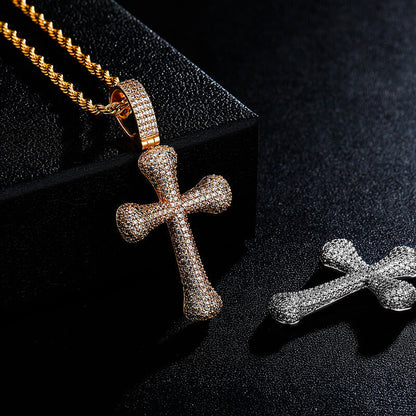 Gold/White Gold Iced Bone Cross Pendant Necklace Tripodjewelry