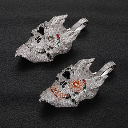 White Gold Iced Out Diamond Rose Skull Pendant Necklace