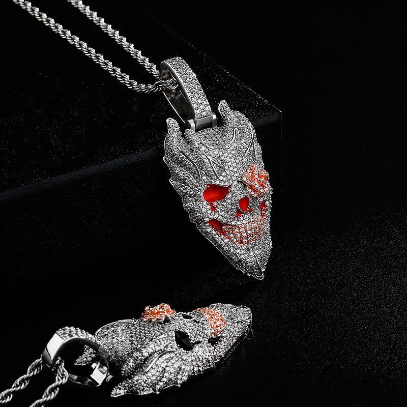 Iced Out Diamond Flame Hell Pendant Hip Hop Necklace For Men Tripodjewelry
