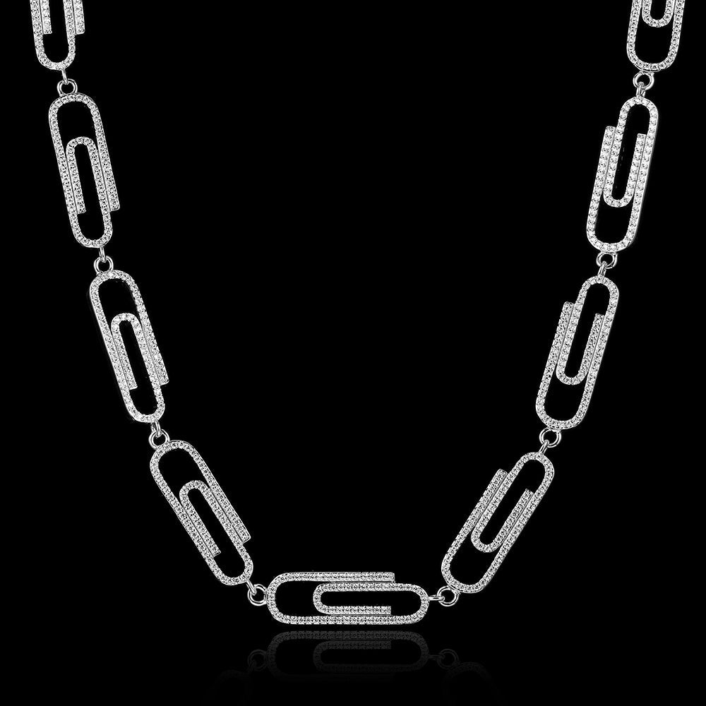 14K/White Gold Plated Iced Out Paper Clip Link Chain Tripodjewelry