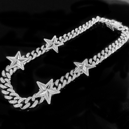 12MM 18K/White/Rose Gold Plated Star Iced Out  Cuban Link Chain Necklace