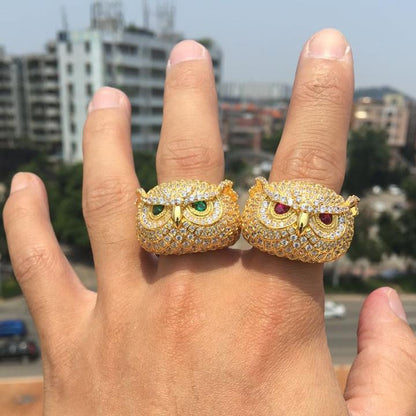 14K Gold Iced Out Owl Ring