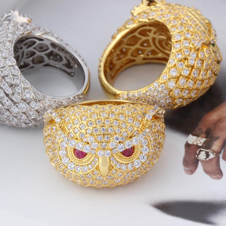 14K Gold Iced Out Owl Ring