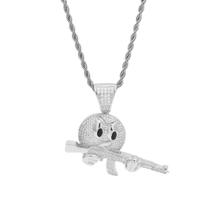 White Gold Iced Emiji Face with Gun Pendant Tripodjewelry