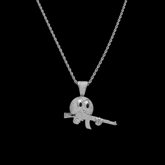 White Gold Iced Emiji Face with Gun Pendant Tripodjewelry