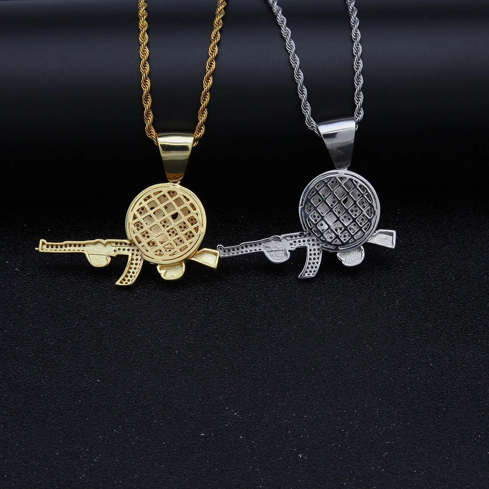 18K Gold Iced Emiji Face with Gun Pendant Tripodjewelry