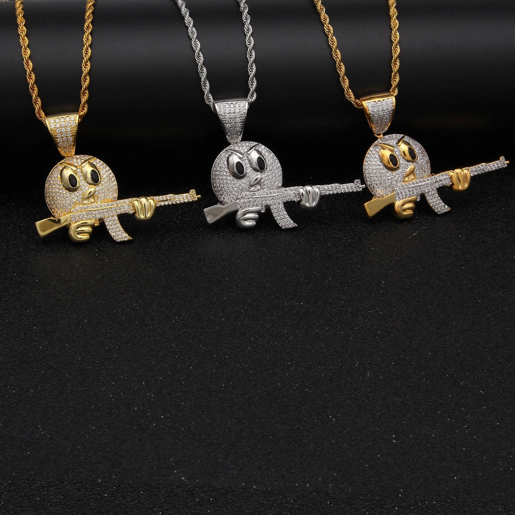 18K Gold Iced Emiji Face with Gun Pendant Tripodjewelry