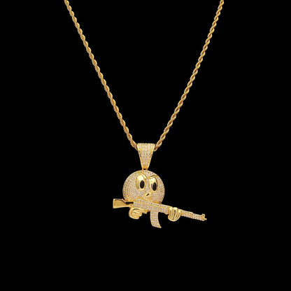 18K Gold Iced Emiji Face with Gun Pendant Tripodjewelry