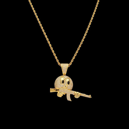 18K Gold Iced Emiji Face with Gun Pendant Tripodjewelry