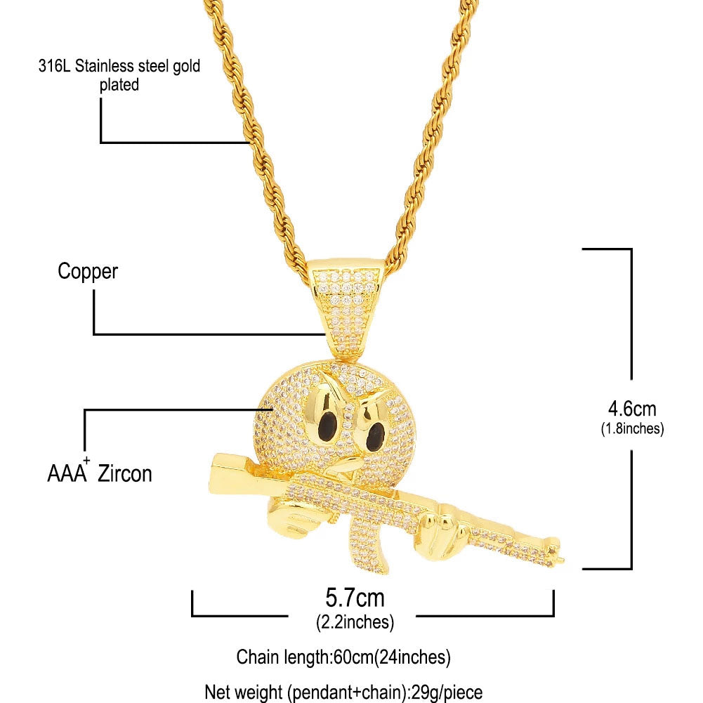18K Gold Iced Emiji Face with Gun Pendant Tripodjewelry