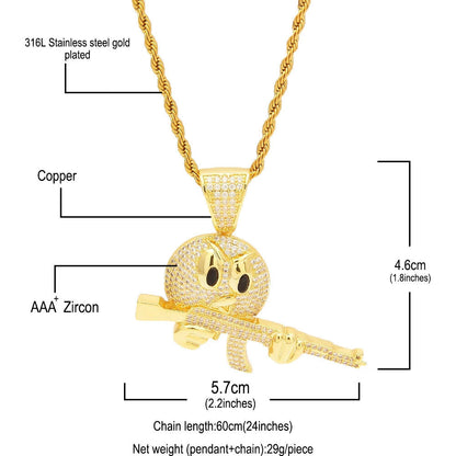 18K Gold Iced Emiji Face with Gun Pendant Tripodjewelry