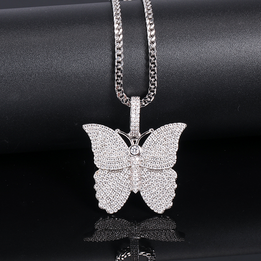 White Gold Iced Butterfly Pendant Tripodjewelry