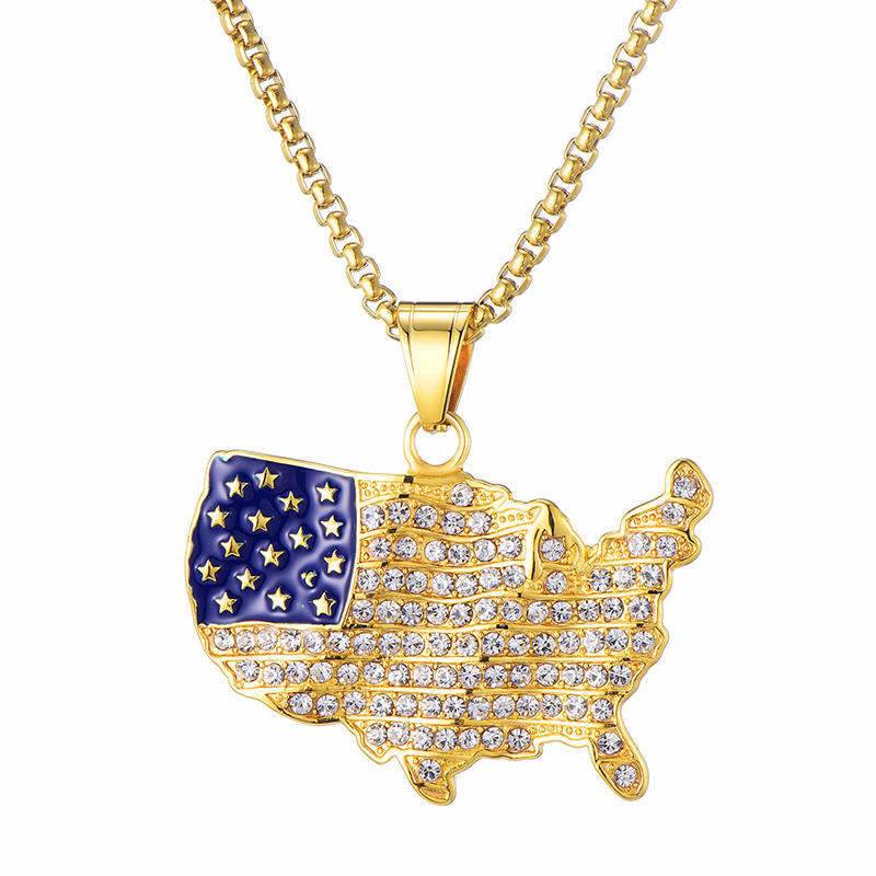18K Gold Iced Out America Map Pendant Neckalce Tripodjewelry