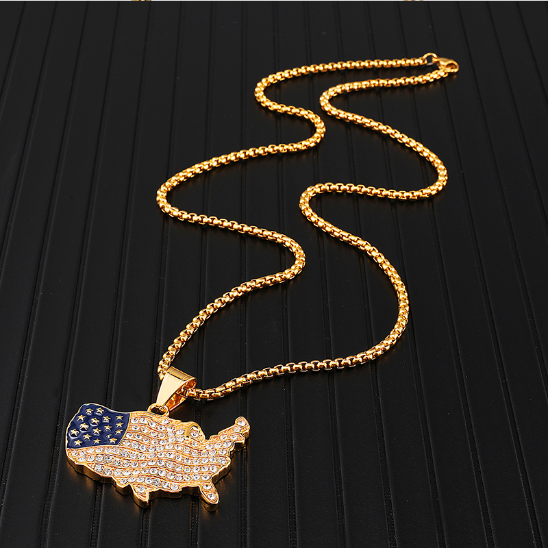 18K Gold Iced Out America Map Pendant Neckalce Tripodjewelry