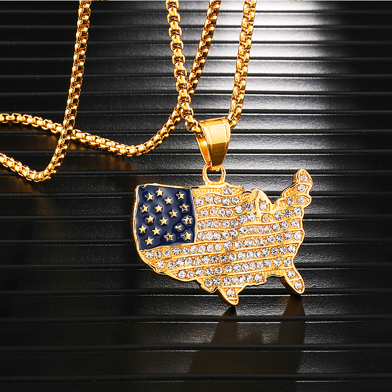 18K Gold Iced Out America Map Pendant Neckalce Tripodjewelry