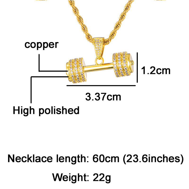 18K Gold Iced Barbell Gym Fitness Dumbbell Pendant