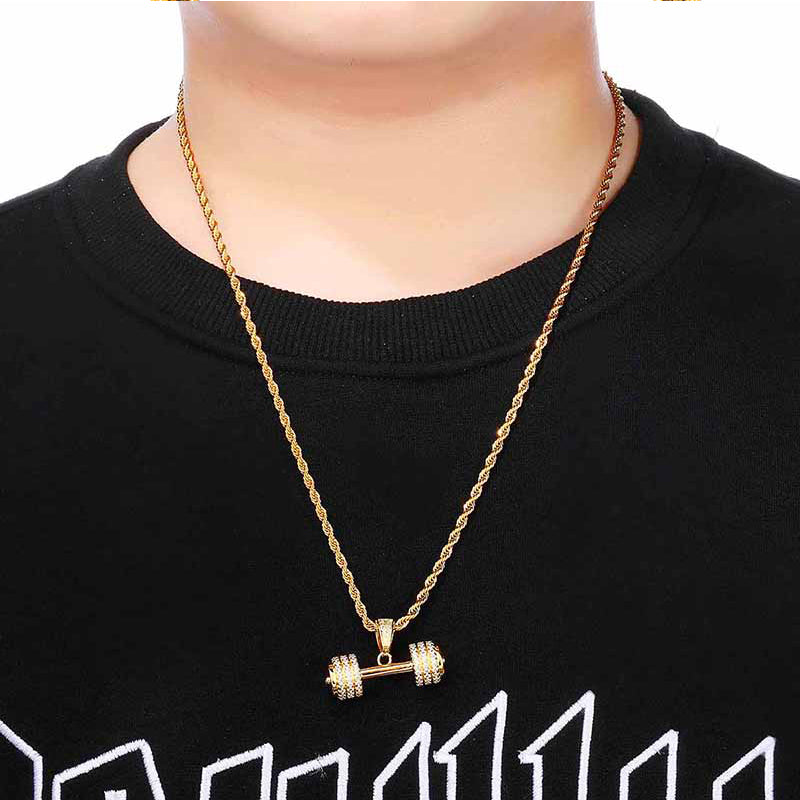 18K Gold Iced Barbell Gym Fitness Dumbbell Pendant