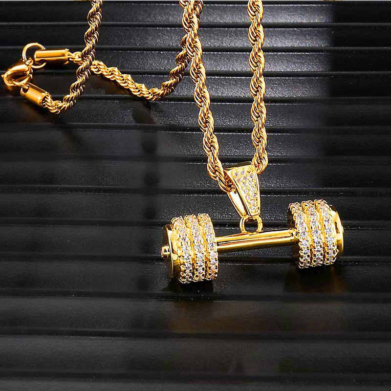 18K Gold Iced Barbell Gym Fitness Dumbbell Pendant
