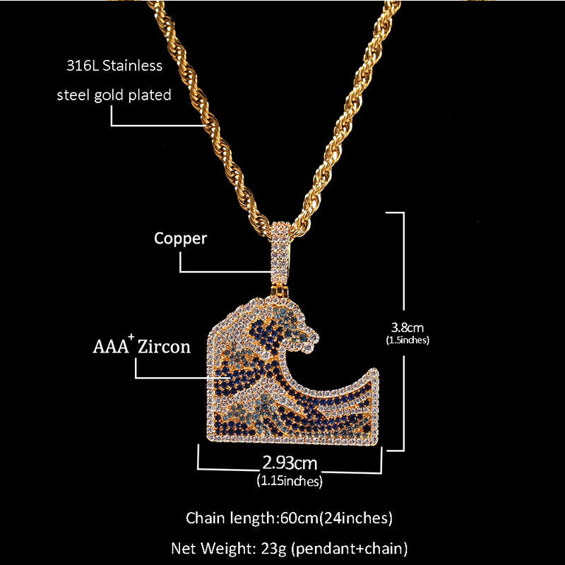 18K Gold Iced Kanagawa Surf Pendants Pendant Tripodjewelry