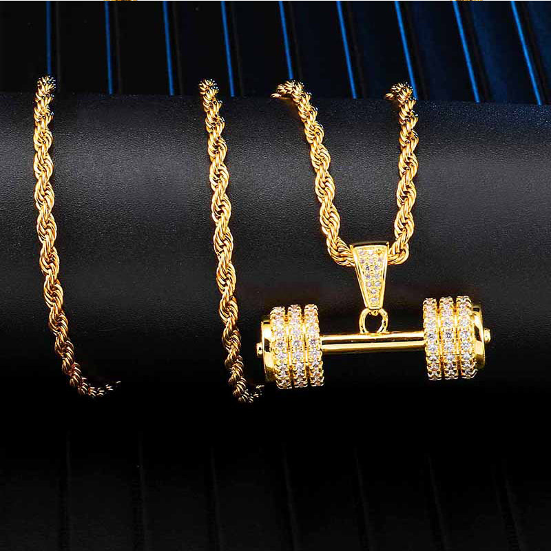 18K Gold Iced Barbell Gym Fitness Dumbbell Pendant