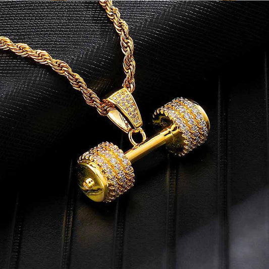 18K Gold Iced Barbell Gym Fitness Dumbbell Pendant