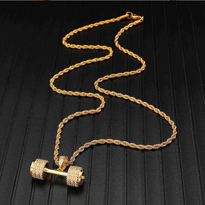 18K Gold Iced Barbell Gym Fitness Dumbbell Pendant