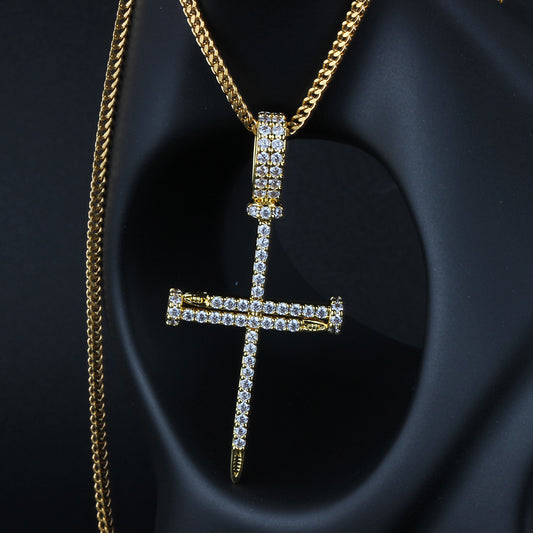 18K Gold Iced Nail Cross Pendant
