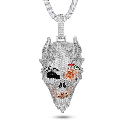White Gold Iced Out Diamond Rose Skull Pendant Necklace