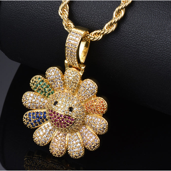 18K/White Gold Plated Iced Out Colorful Sunflower Pendant Necklace