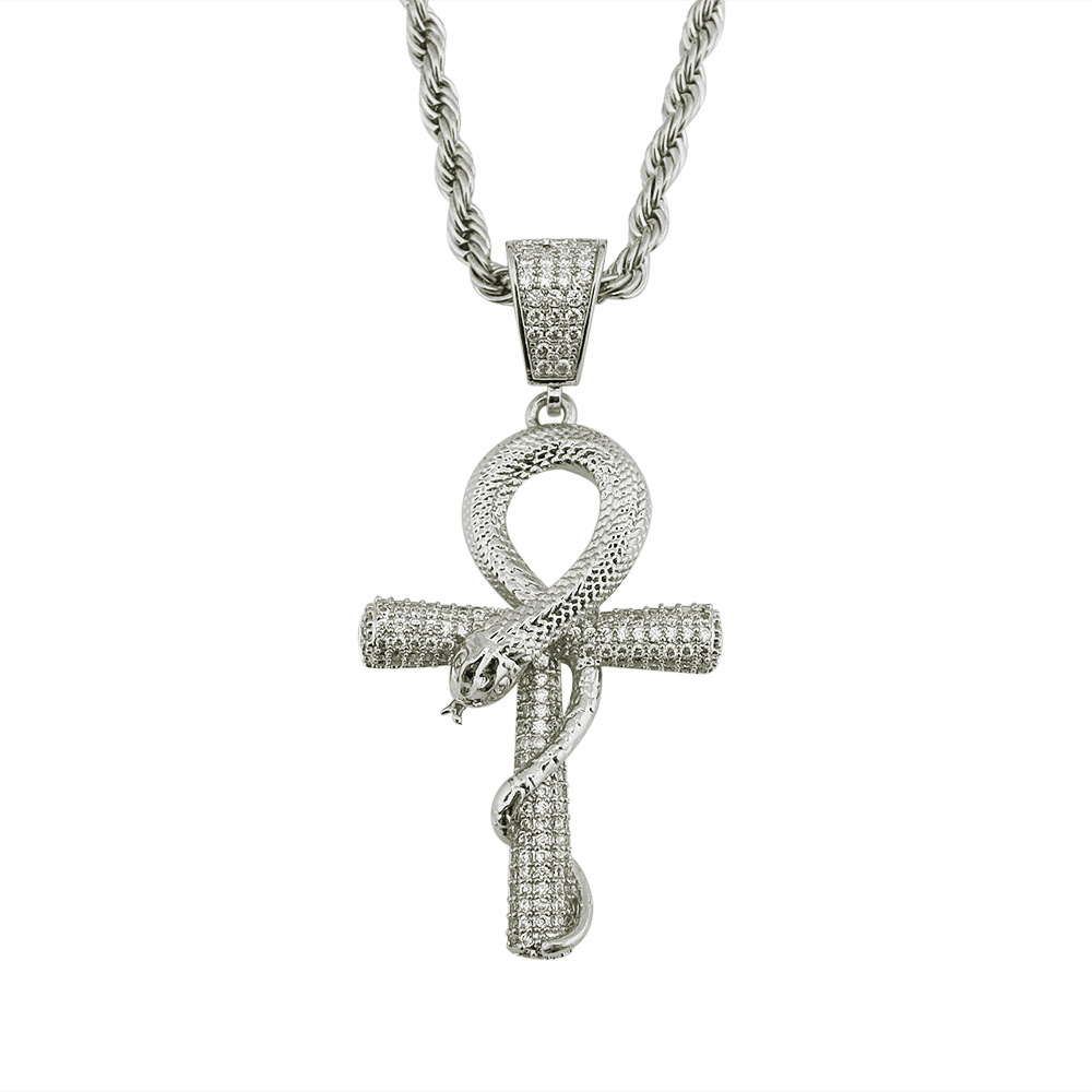 Real White Gold Plated Iced Out Snakelike Cross Pendant Necklace Tripodjewelry