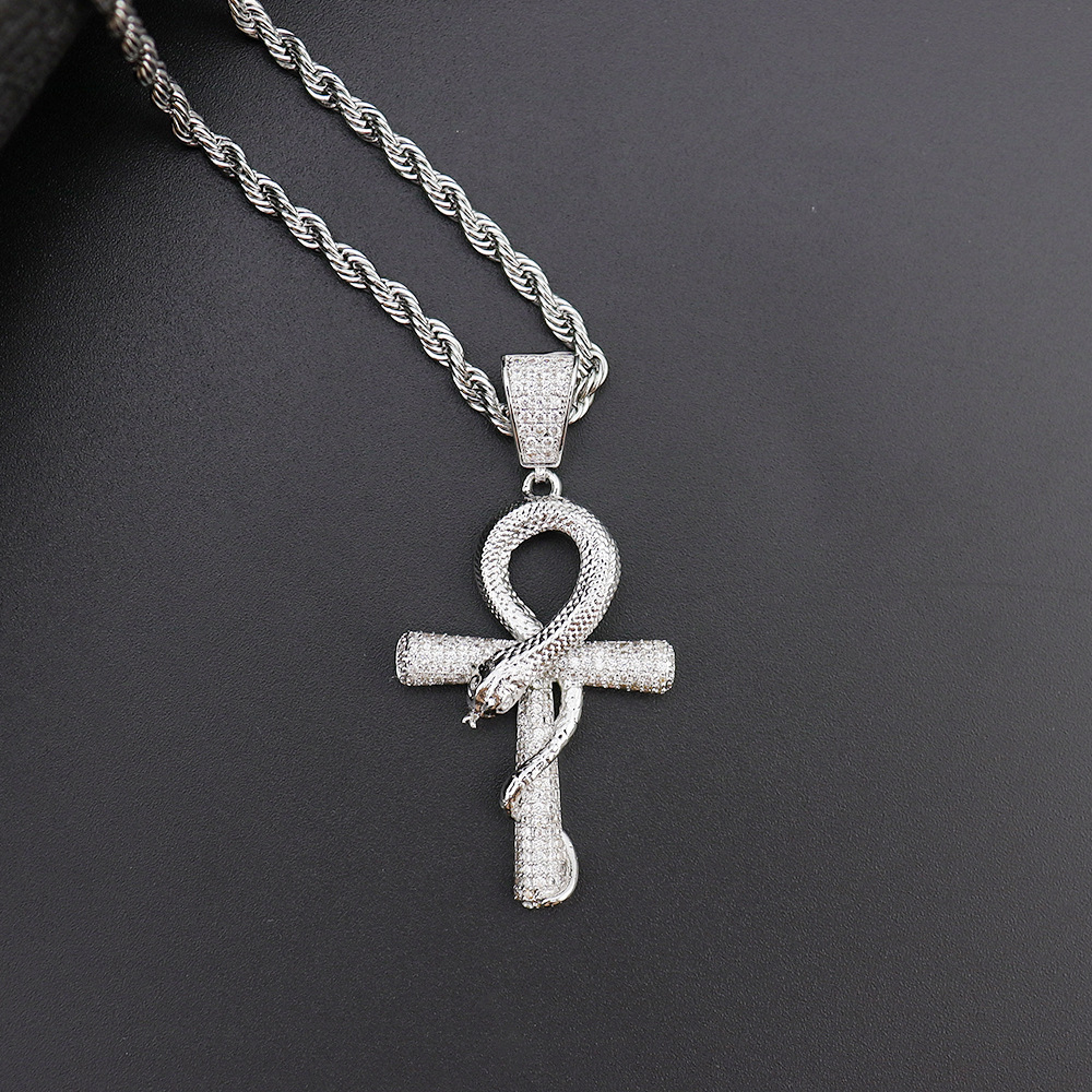 Real White Gold Plated Iced Out Snakelike Cross Pendant Necklace Tripodjewelry
