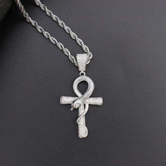 Real White Gold Plated Iced Out Snakelike Cross Pendant Necklace Tripodjewelry