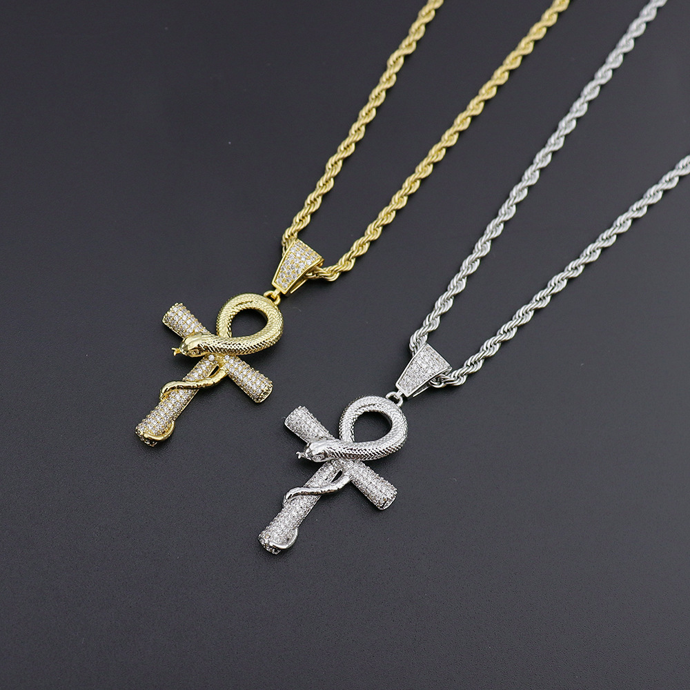 Real White Gold Plated Iced Out Snakelike Cross Pendant Necklace Tripodjewelry