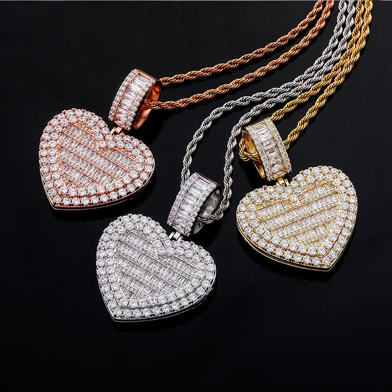 White Gold Iced Out Custom Photo Heart Pendant Necklace Tripodjewelry