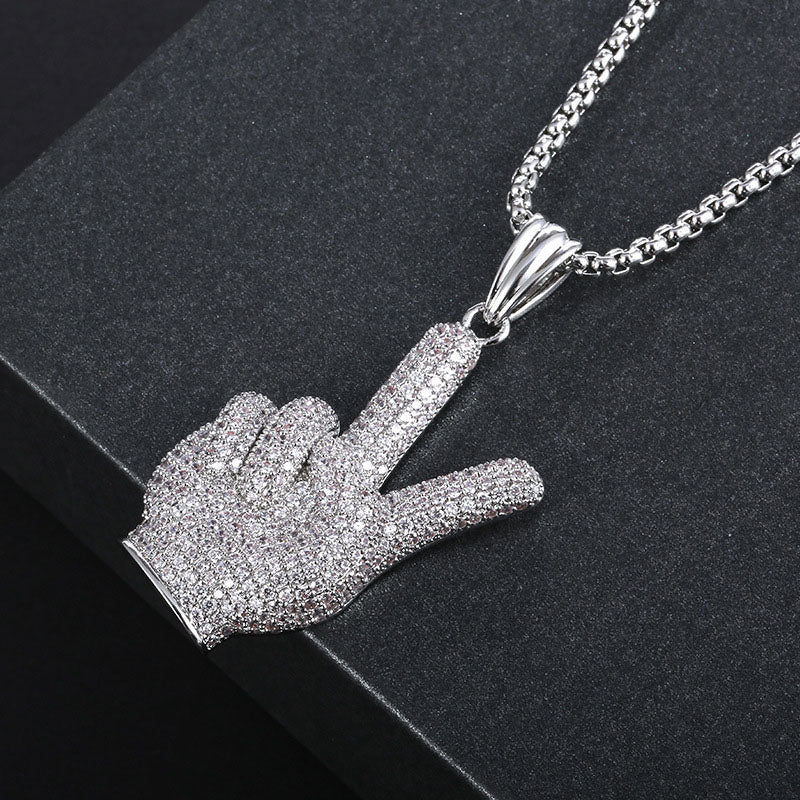 White Gold Iced Out Victory Hand Pendant Tripodjewelry