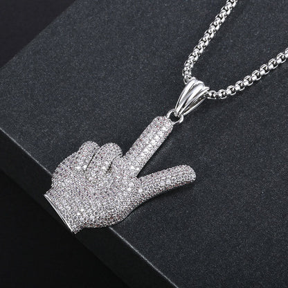 White Gold Iced Out Victory Hand Pendant Tripodjewelry