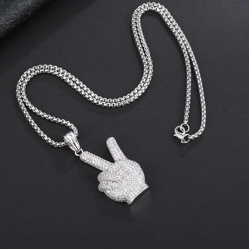 White Gold Iced Out Victory Hand Pendant Tripodjewelry