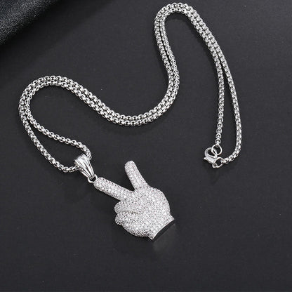 White Gold Iced Out Victory Hand Pendant Tripodjewelry