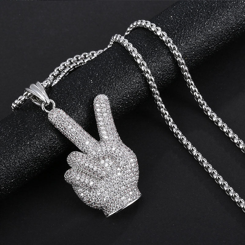White Gold Iced Out Victory Hand Pendant Tripodjewelry