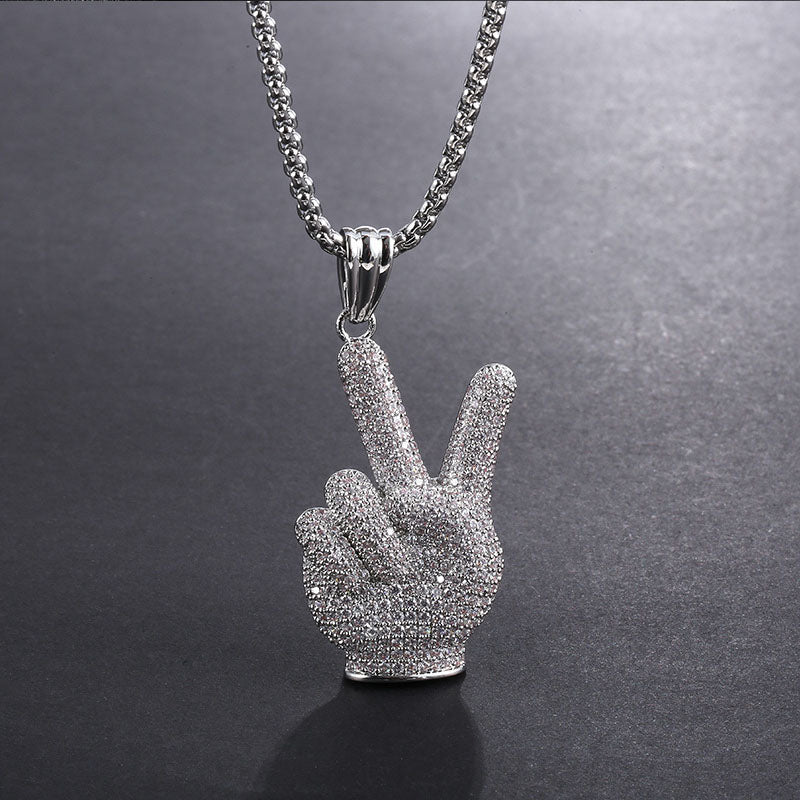 White Gold Iced Out Victory Hand Pendant Tripodjewelry