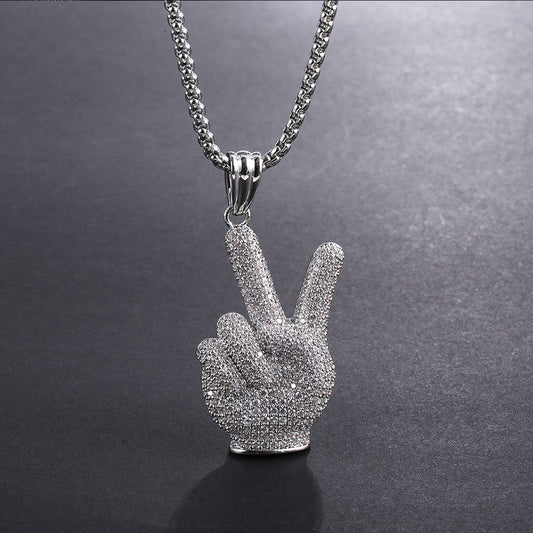 White Gold Iced Out Victory Hand Pendant Tripodjewelry