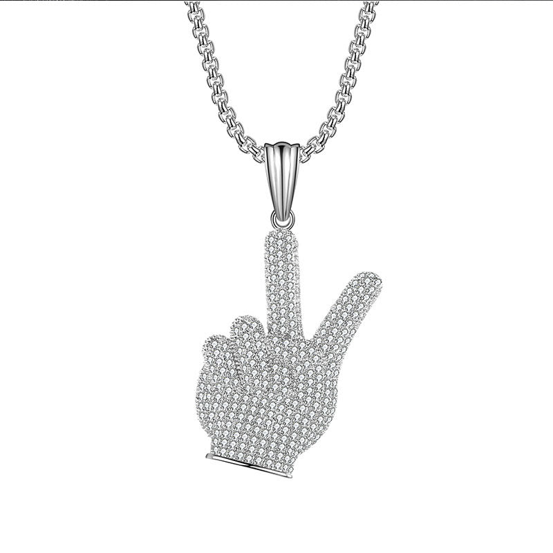 White Gold Iced Out Victory Hand Pendant Tripodjewelry